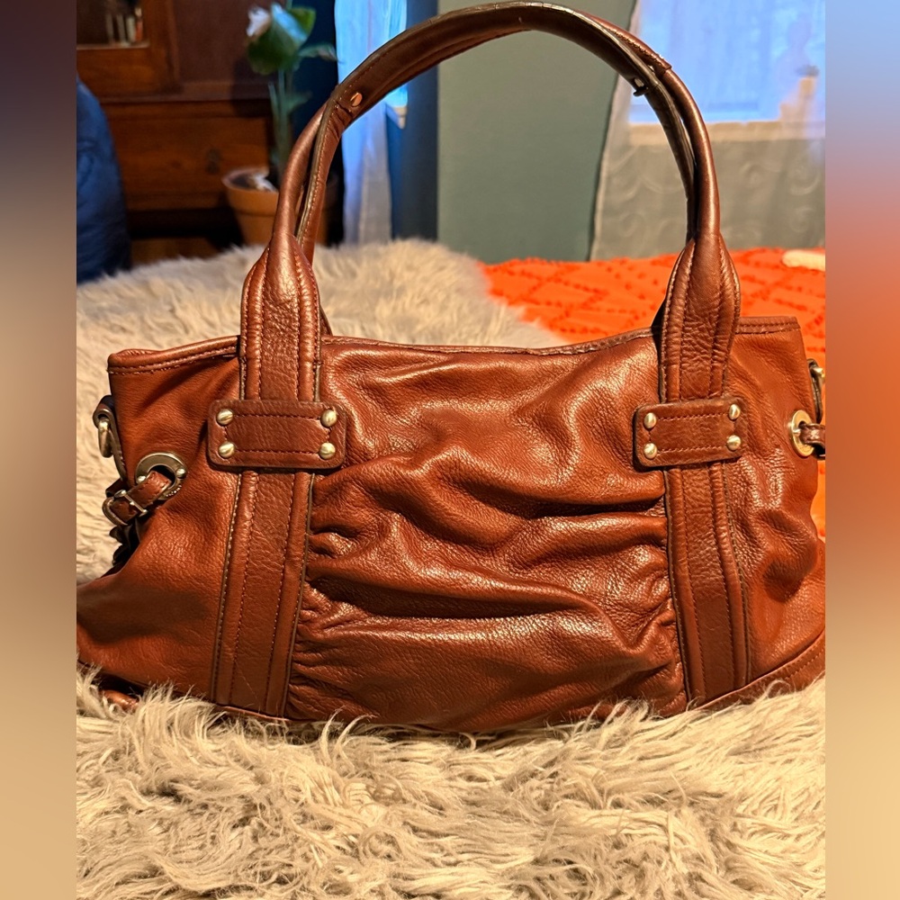 b. makowsky Brown Buttery Leather Shoulder Bag with Gold-Tone Accents